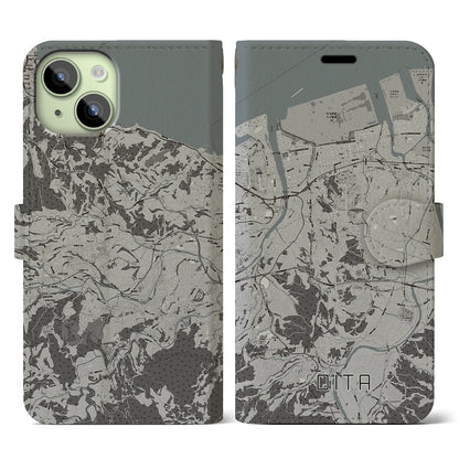 【大分（大分県）】地図柄iPhoneケース（手帳タイプ）モノトーン・iPhone 15 用