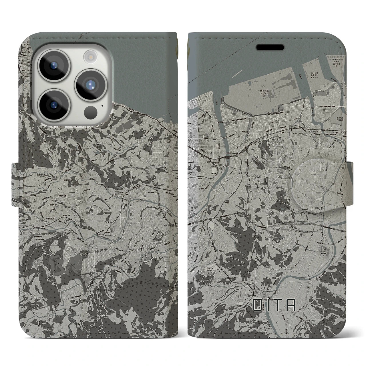 【大分】地図柄iPhoneケース（手帳両面タイプ・モノトーン）iPhone 15 Pro 用