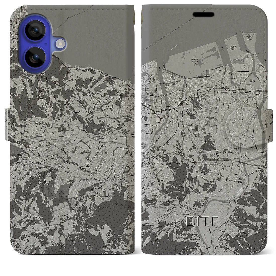 【大分(大分県)】地図柄iPhoneケース(手帳タイプ)モノトーン・iPhone 16 Pro Max 用