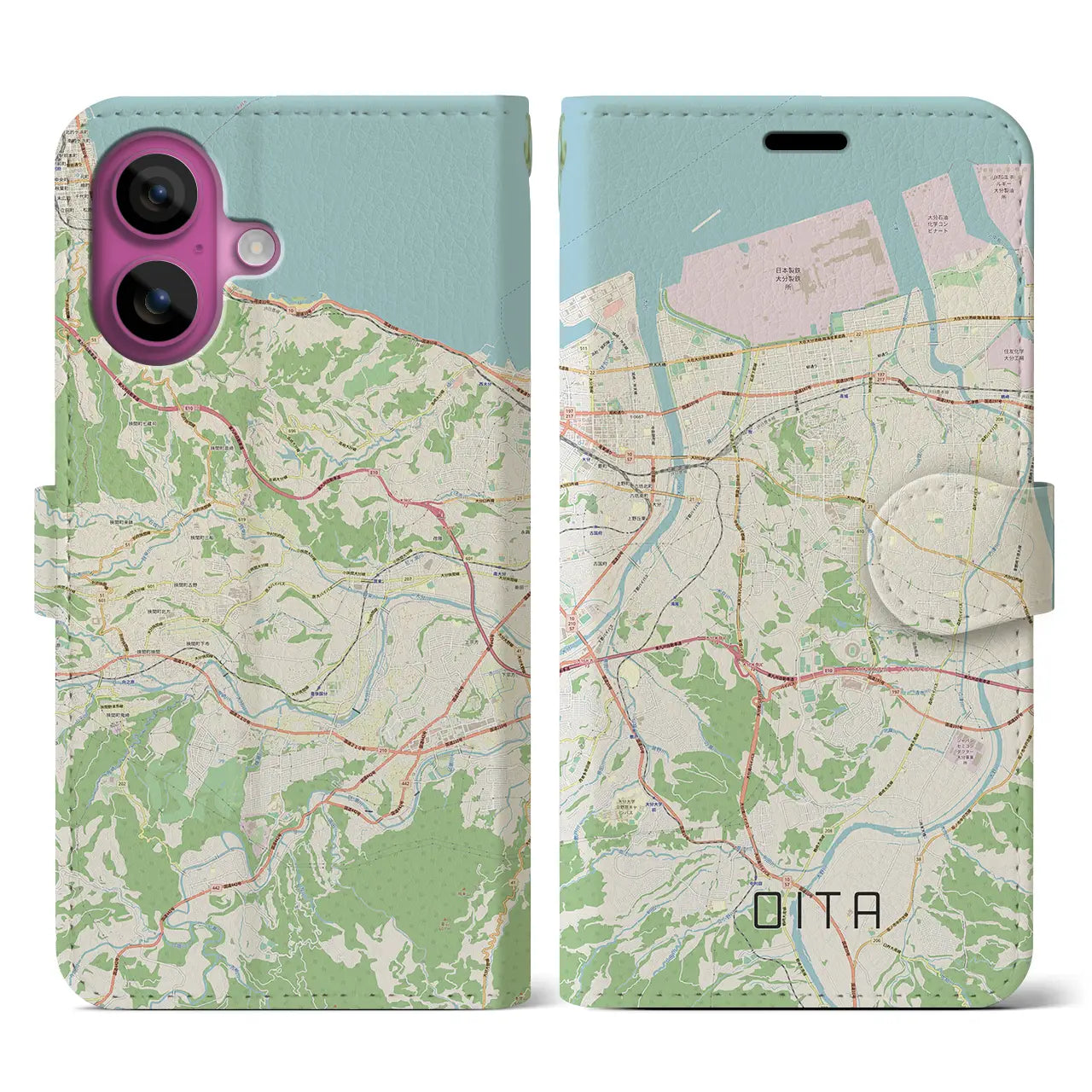 【大分（大分県）】地図柄iPhoneケース（手帳タイプ）ナチュラル・iPhone 16 Pro 用