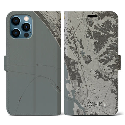 【追分（秋田県）】地図柄iPhoneケース（手帳タイプ）モノトーン・iPhone 12 / 12 Pro 用