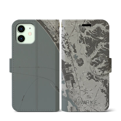 【追分（秋田県）】地図柄iPhoneケース（手帳タイプ）モノトーン・iPhone 12 mini 用