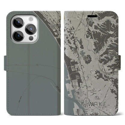 【追分（秋田県）】地図柄iPhoneケース（手帳タイプ）モノトーン・iPhone 14 Pro 用