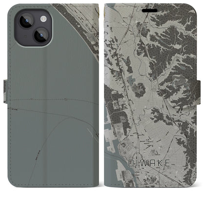 【追分（秋田県）】地図柄iPhoneケース（手帳タイプ）モノトーン・iPhone 14 Plus 用