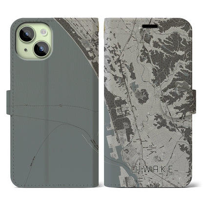 【追分（秋田県）】地図柄iPhoneケース（手帳タイプ）モノトーン・iPhone 15 用