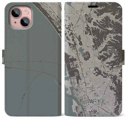 【追分（秋田県）】地図柄iPhoneケース（手帳タイプ）モノトーン・iPhone 15 Plus 用