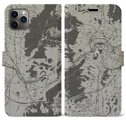 【王寺（奈良県）】地図柄iPhoneケース（手帳タイプ）モノトーン・iPhone 11 Pro Max 用