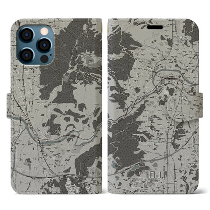 【王寺（奈良県）】地図柄iPhoneケース（手帳タイプ）モノトーン・iPhone 12 / 12 Pro 用