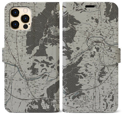 【王寺（奈良県）】地図柄iPhoneケース（手帳タイプ）モノトーン・iPhone 12 Pro Max 用