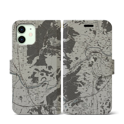 【王寺（奈良県）】地図柄iPhoneケース（手帳タイプ）モノトーン・iPhone 12 mini 用