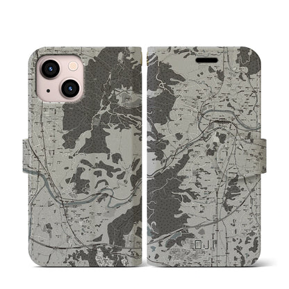 【王寺（奈良県）】地図柄iPhoneケース（手帳タイプ）モノトーン・iPhone 13 mini 用