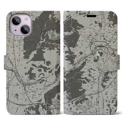 【王寺（奈良県）】地図柄iPhoneケース（手帳タイプ）モノトーン・iPhone 14 用