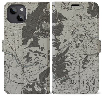 【王寺（奈良県）】地図柄iPhoneケース（手帳タイプ）モノトーン・iPhone 14 Plus 用