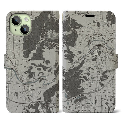 【王寺（奈良県）】地図柄iPhoneケース（手帳タイプ）モノトーン・iPhone 15 用