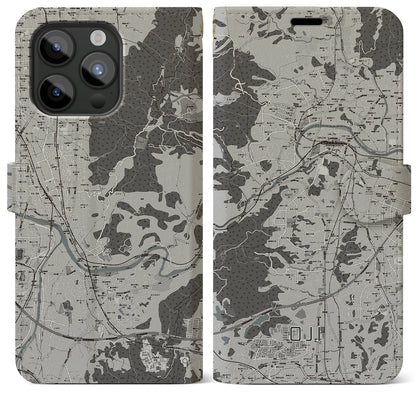 【王寺（奈良県）】地図柄iPhoneケース（手帳タイプ）モノトーン・iPhone 15 Pro Max 用