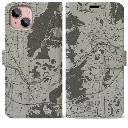 【王寺（奈良県）】地図柄iPhoneケース（手帳タイプ）モノトーン・iPhone 15 Plus 用