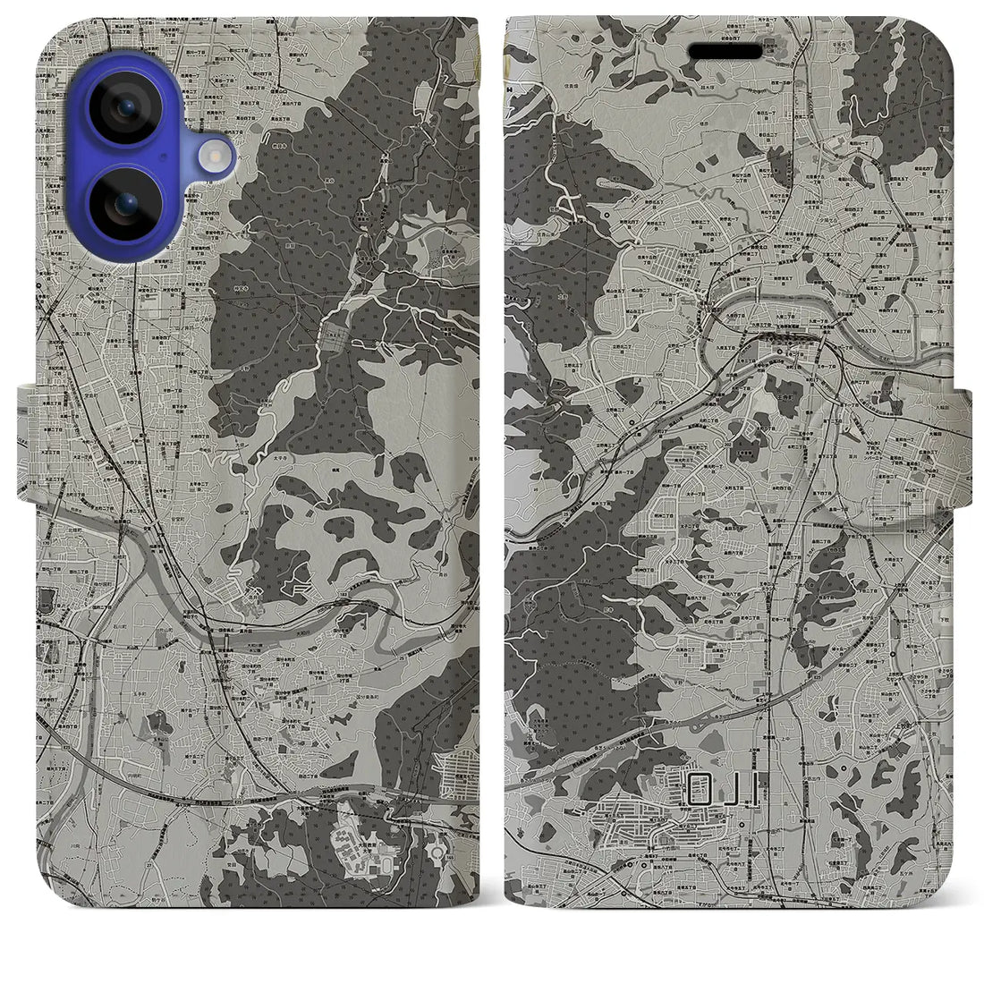 【王寺(奈良県)】地図柄iPhoneケース(手帳タイプ)モノトーン・iPhone 16 Pro Max 用