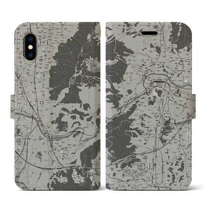 【王寺（奈良県）】地図柄iPhoneケース（手帳タイプ）モノトーン・iPhone XS / X 用