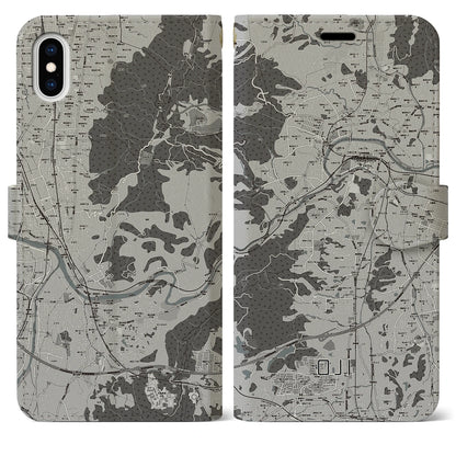 【王寺（奈良県）】地図柄iPhoneケース（手帳タイプ）モノトーン・iPhone XS Max 用