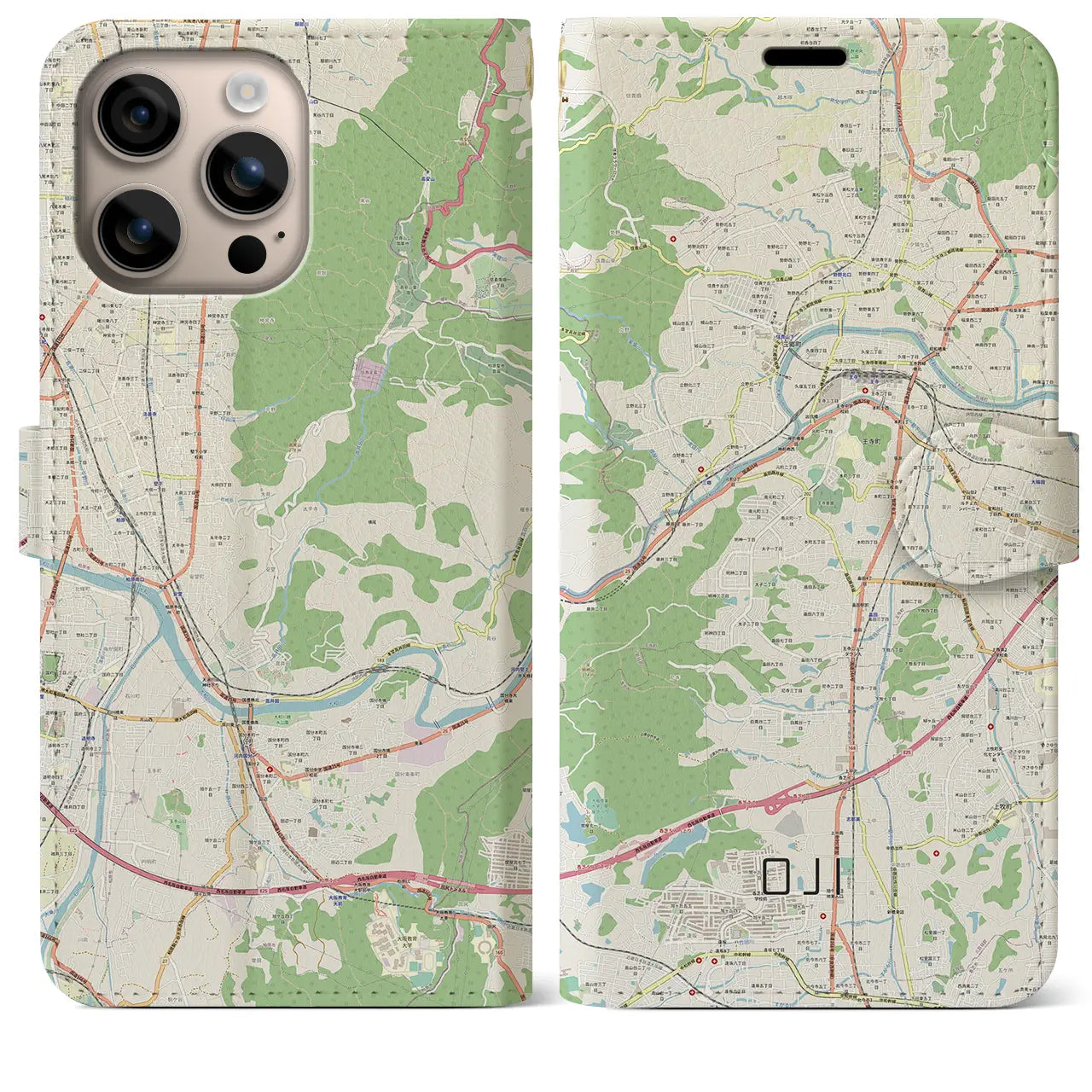 【王寺（奈良県）】地図柄iPhoneケース（手帳タイプ）ナチュラル・iPhone 16 Plus 用