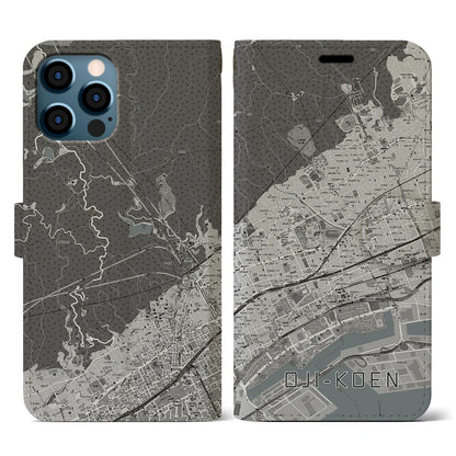 【王子公園（兵庫県）】地図柄iPhoneケース（手帳タイプ）モノトーン・iPhone 12 / 12 Pro 用