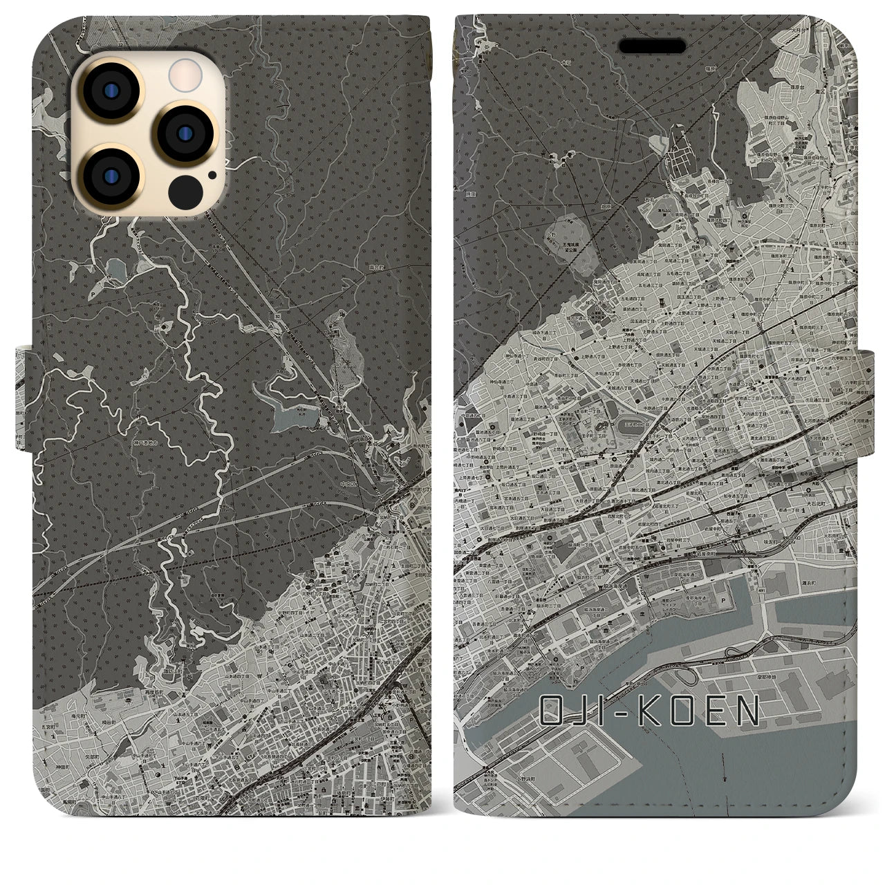 【王子公園】地図柄iPhoneケース（手帳両面タイプ・モノトーン）iPhone 12 Pro Max 用