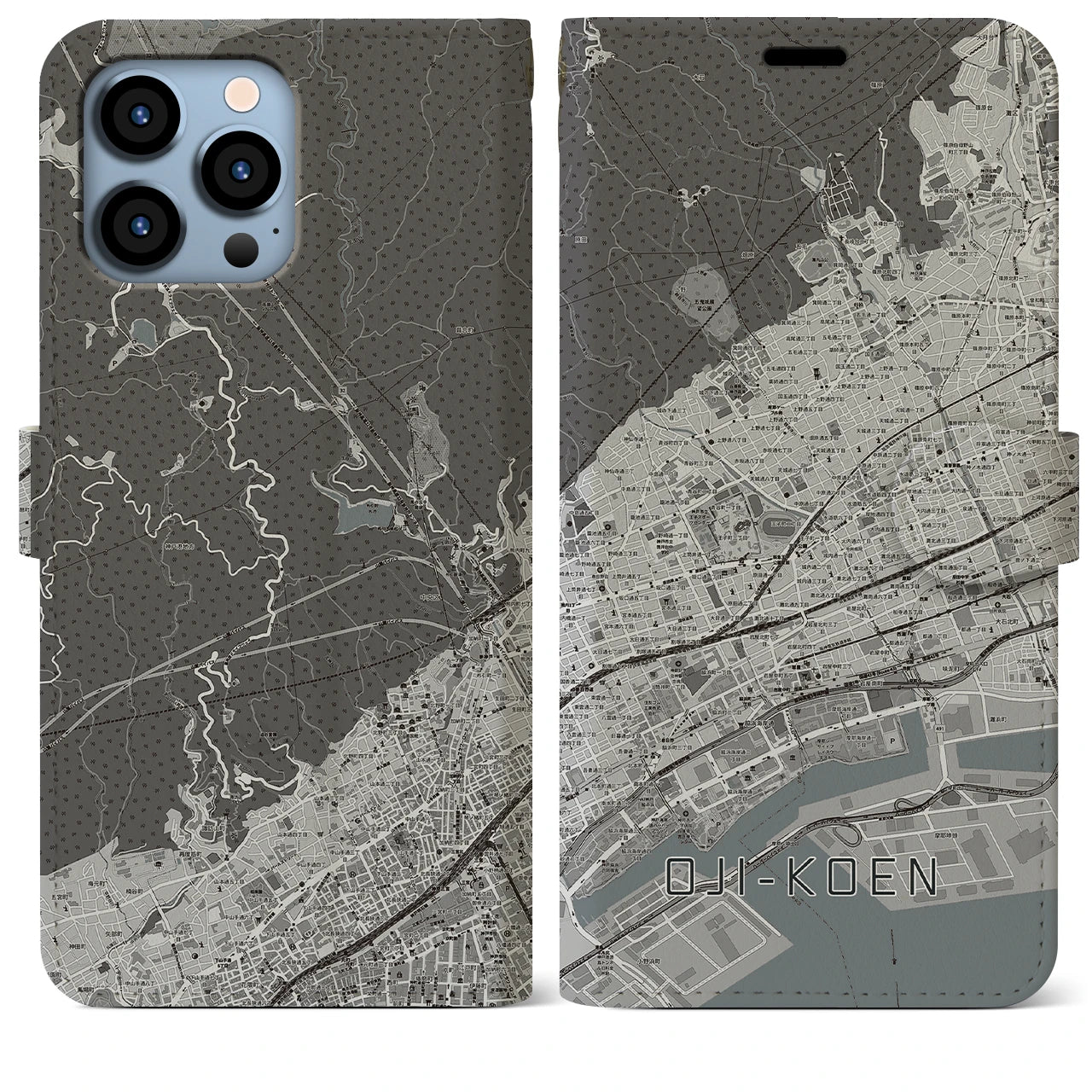 【王子公園】地図柄iPhoneケース（手帳両面タイプ・モノトーン）iPhone 13 Pro Max 用