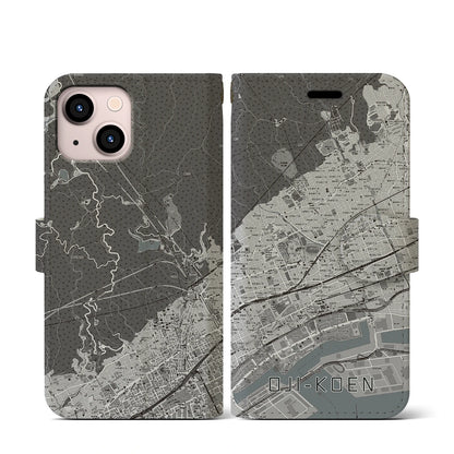 【王子公園（兵庫県）】地図柄iPhoneケース（手帳タイプ）モノトーン・iPhone 13 mini 用