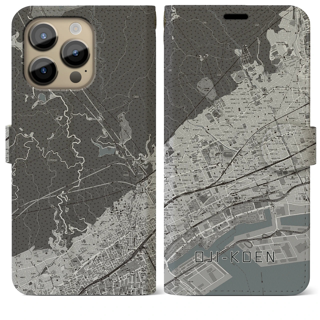 【王子公園】地図柄iPhoneケース（手帳両面タイプ・モノトーン）iPhone 14 Pro Max 用