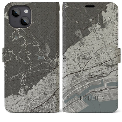 【王子公園（兵庫県）】地図柄iPhoneケース（手帳タイプ）モノトーン・iPhone 14 Plus 用