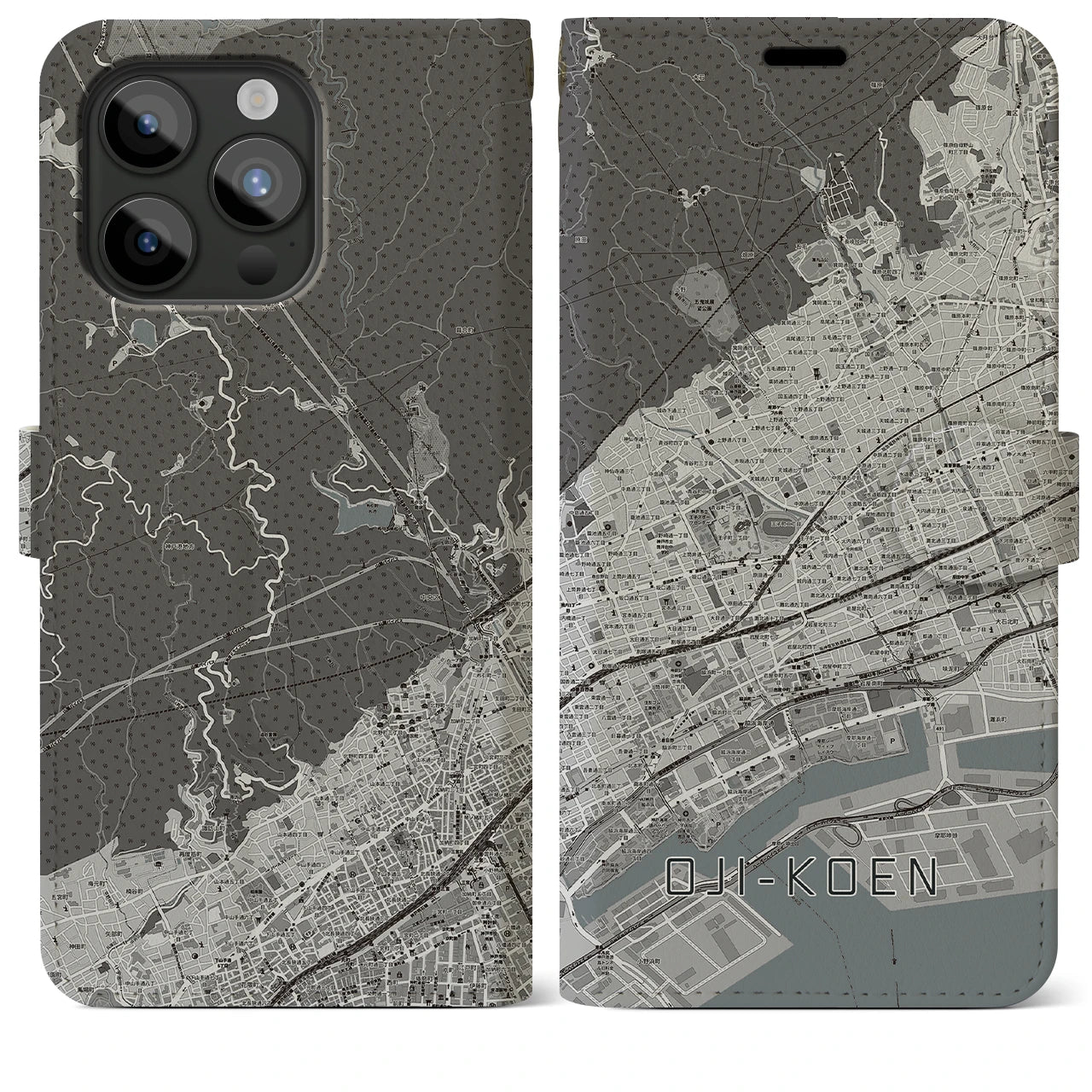 【王子公園】地図柄iPhoneケース（手帳両面タイプ・モノトーン）iPhone 15 Pro Max 用