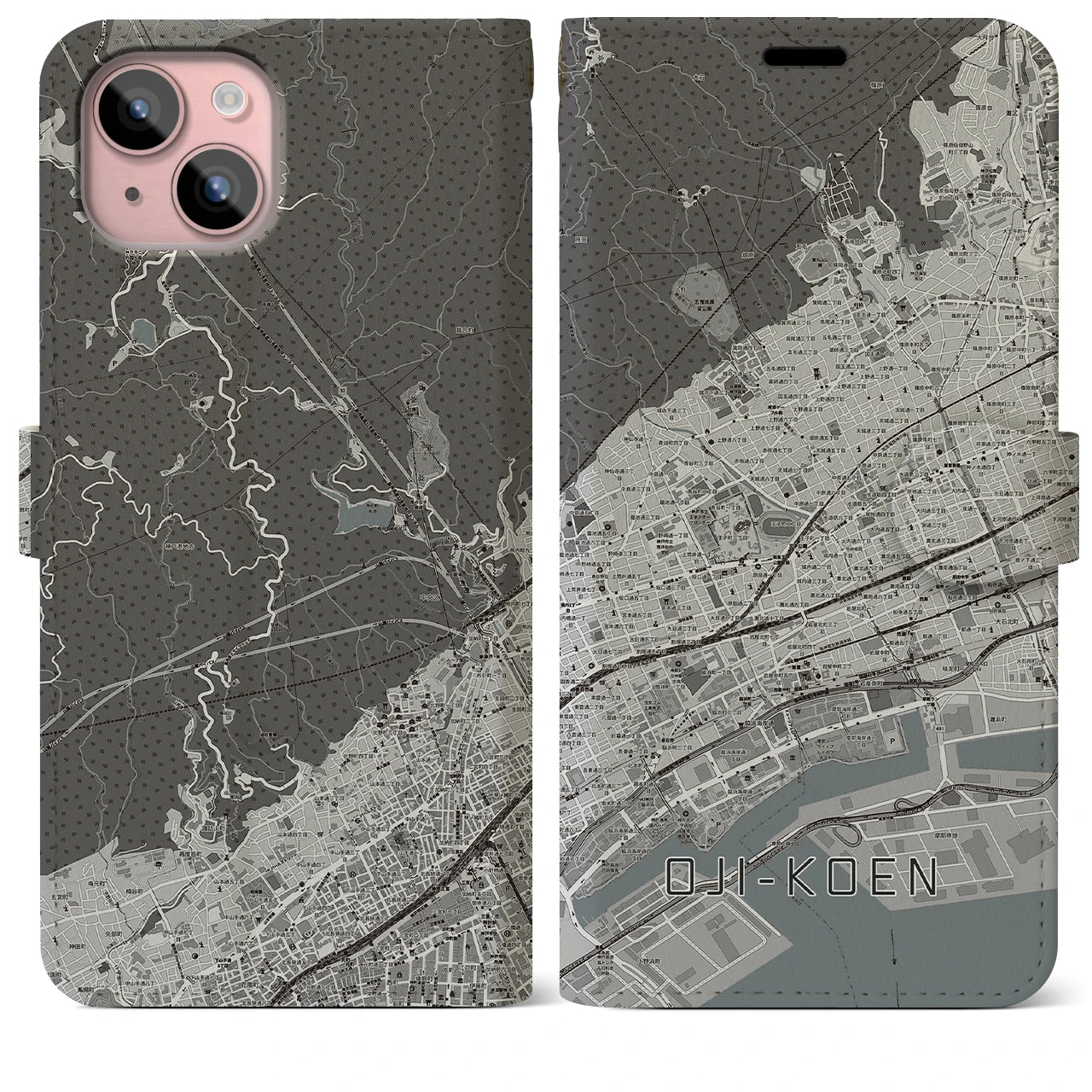 【王子公園】地図柄iPhoneケース（手帳両面タイプ・モノトーン）iPhone 15 Plus 用