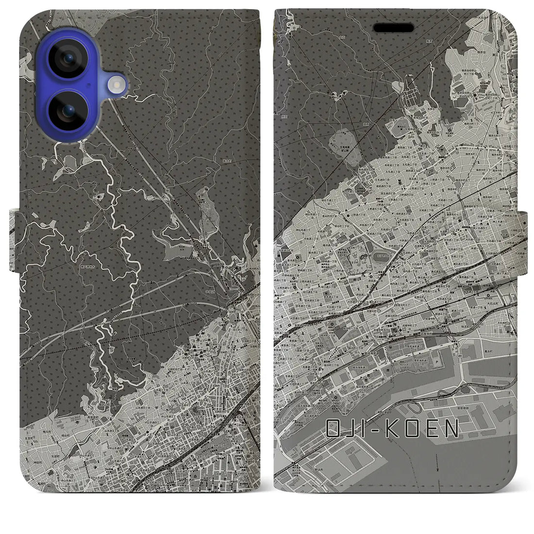 【王子公園(兵庫県)】地図柄iPhoneケース(手帳タイプ)モノトーン・iPhone 16 Pro Max 用