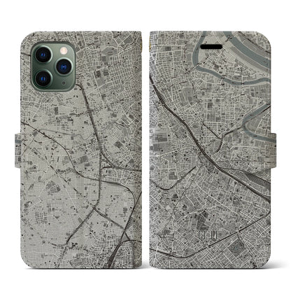 【王子（東京都）】地図柄iPhoneケース（手帳タイプ）モノトーン・iPhone 11 Pro 用