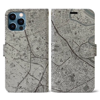 【王子（東京都）】地図柄iPhoneケース（手帳タイプ）モノトーン・iPhone 12 / 12 Pro 用