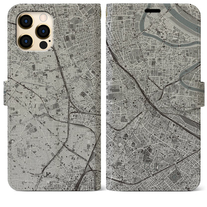 【王子（東京都）】地図柄iPhoneケース（手帳タイプ）モノトーン・iPhone 12 Pro Max 用