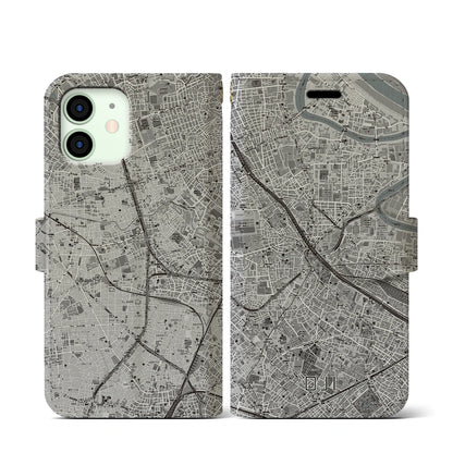 【王子（東京都）】地図柄iPhoneケース（手帳タイプ）モノトーン・iPhone 12 mini 用