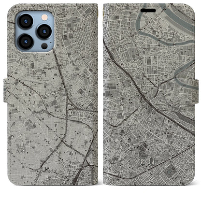 【王子（東京都）】地図柄iPhoneケース（手帳タイプ）モノトーン・iPhone 13 Pro Max 用