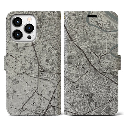 【王子（東京都）】地図柄iPhoneケース（手帳タイプ）モノトーン・iPhone 13 Pro 用