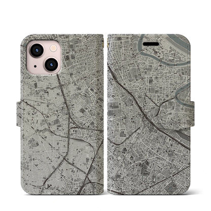 【王子（東京都）】地図柄iPhoneケース（手帳タイプ）モノトーン・iPhone 13 mini 用