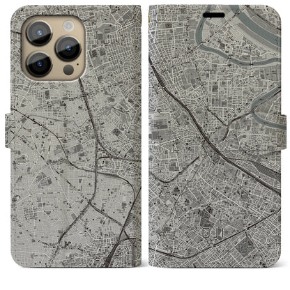 【王子（東京都）】地図柄iPhoneケース（手帳タイプ）モノトーン・iPhone 14 Pro Max 用
