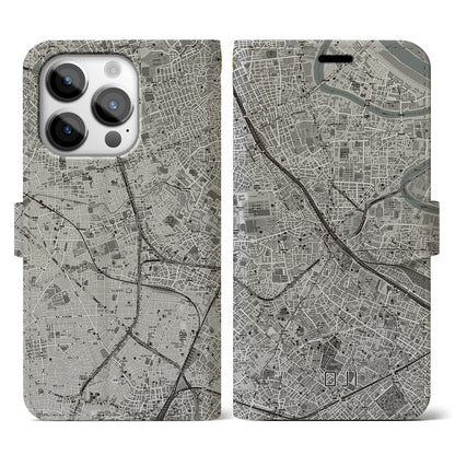 【王子（東京都）】地図柄iPhoneケース（手帳タイプ）モノトーン・iPhone 14 Pro 用