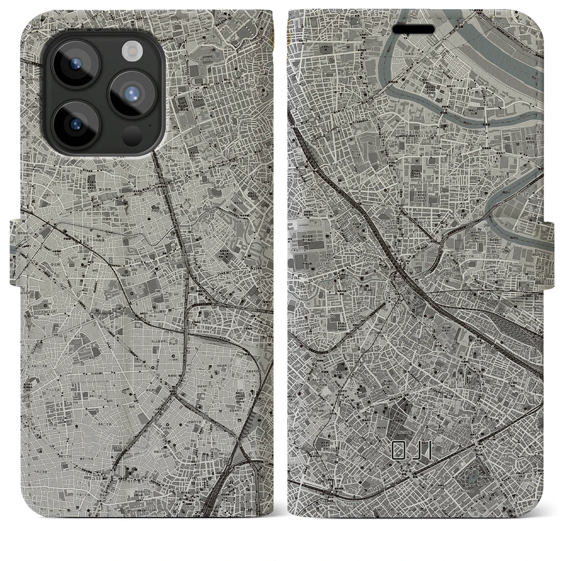 【王子】地図柄iPhoneケース（手帳両面タイプ・モノトーン）iPhone 15 Pro Max 用
