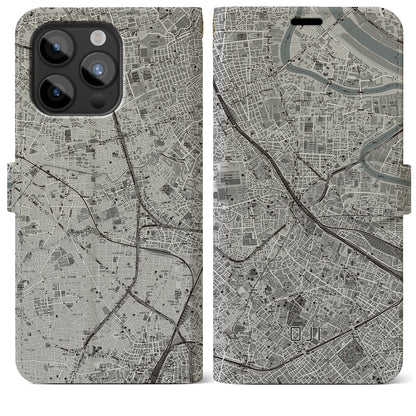 【王子（東京都）】地図柄iPhoneケース（手帳タイプ）モノトーン・iPhone 15 Pro Max 用