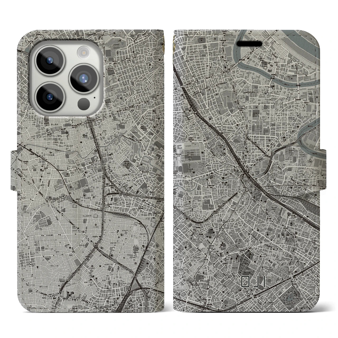 【王子】地図柄iPhoneケース（手帳両面タイプ・モノトーン）iPhone 15 Pro 用