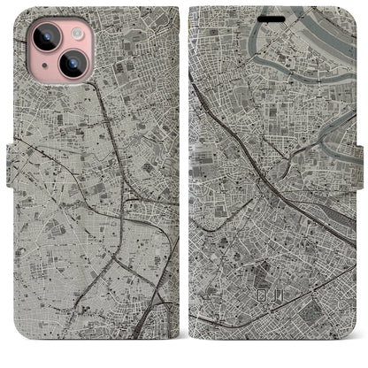 【王子（東京都）】地図柄iPhoneケース（手帳タイプ）モノトーン・iPhone 15 Plus 用