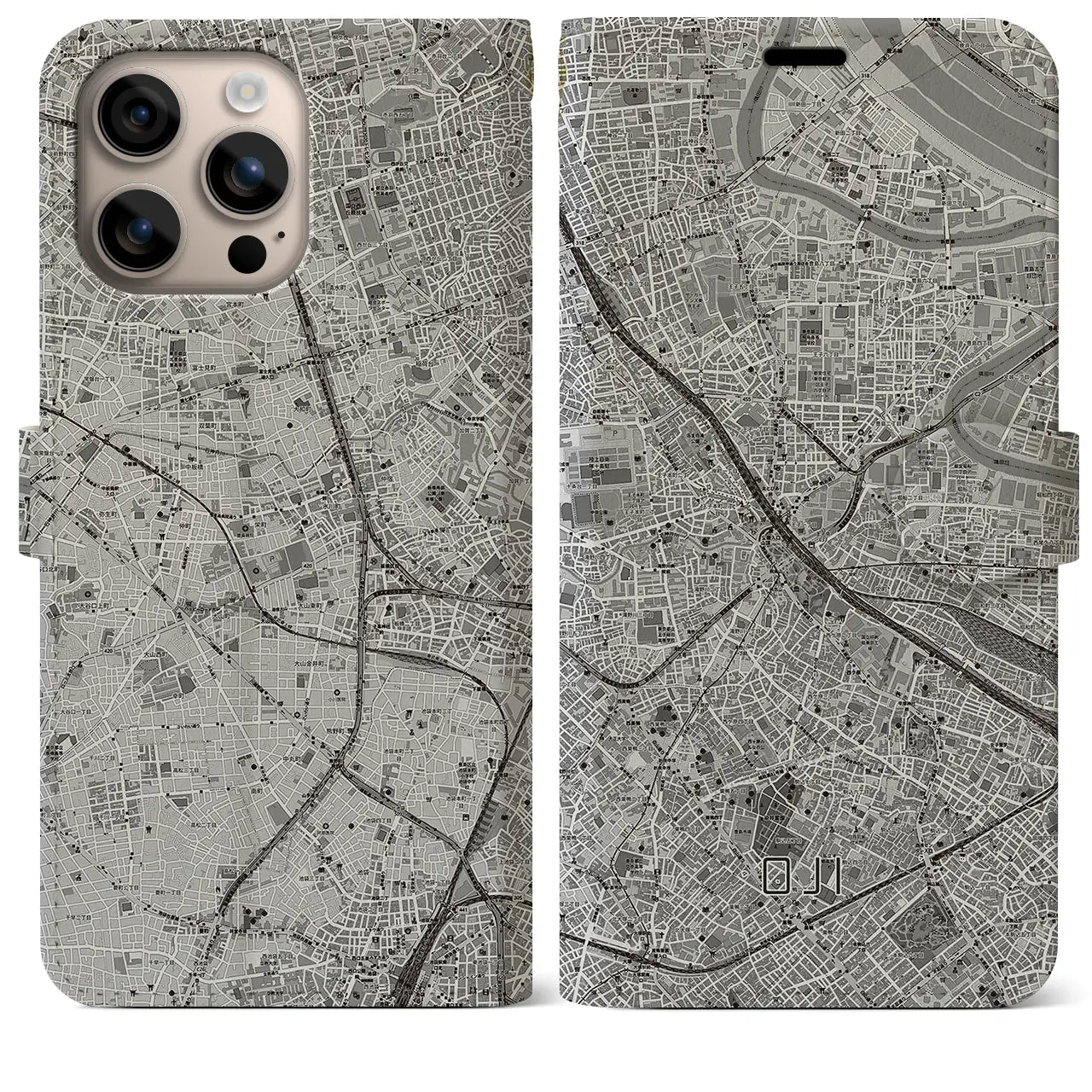 【王子（東京都）】地図柄iPhoneケース（手帳タイプ）モノトーン・iPhone 16 Plus 用