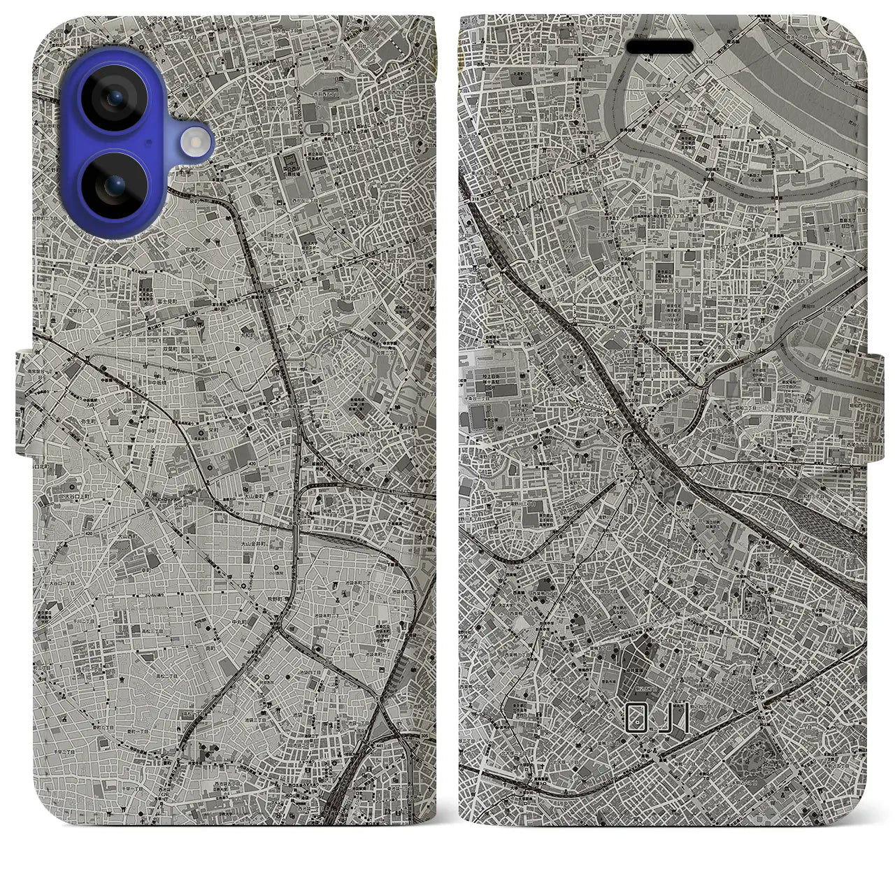 【王子（東京都）】地図柄iPhoneケース（手帳タイプ）モノトーン・iPhone 16 Pro Max 用