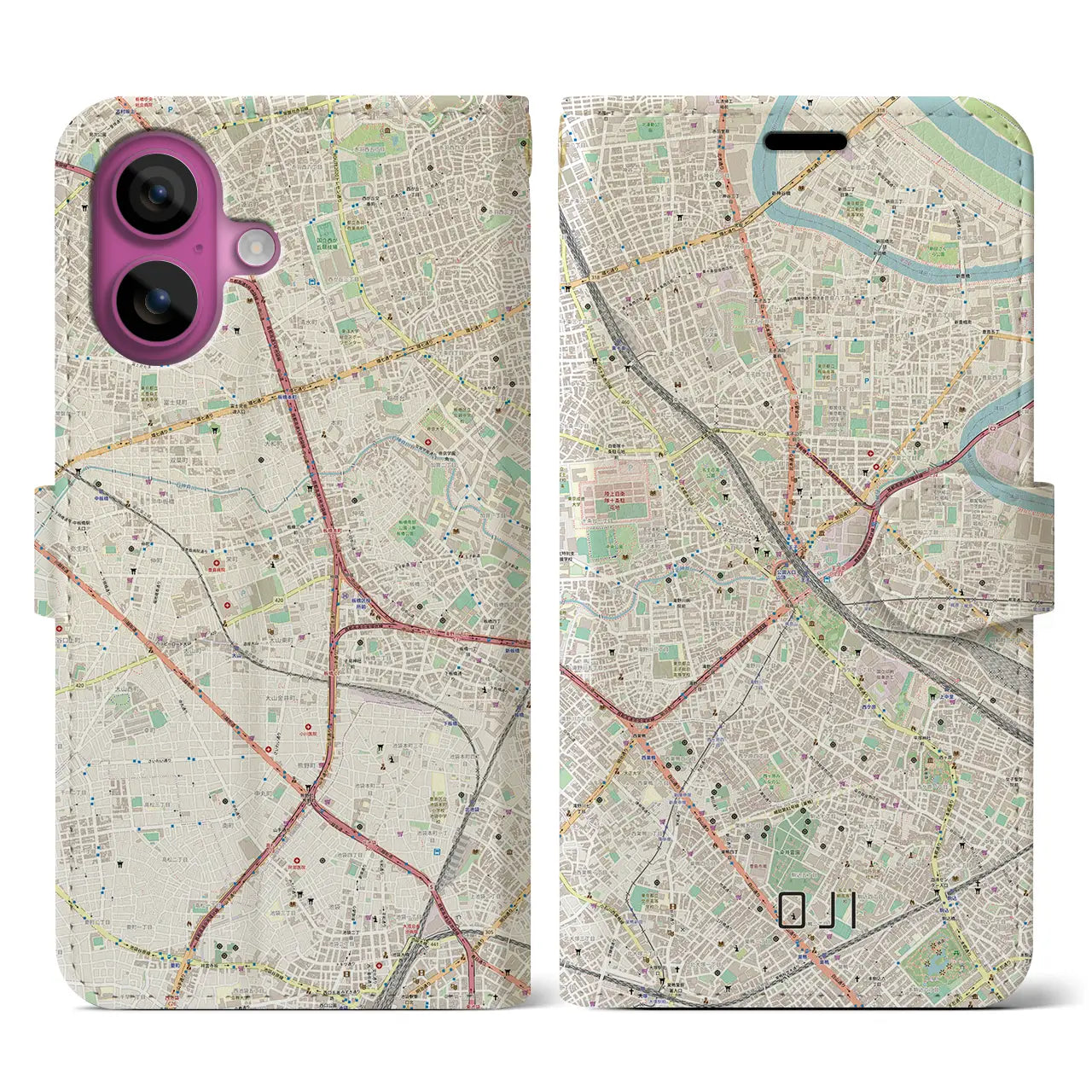 【王子（東京都）】地図柄iPhoneケース（手帳タイプ）ナチュラル・iPhone 16 Pro 用