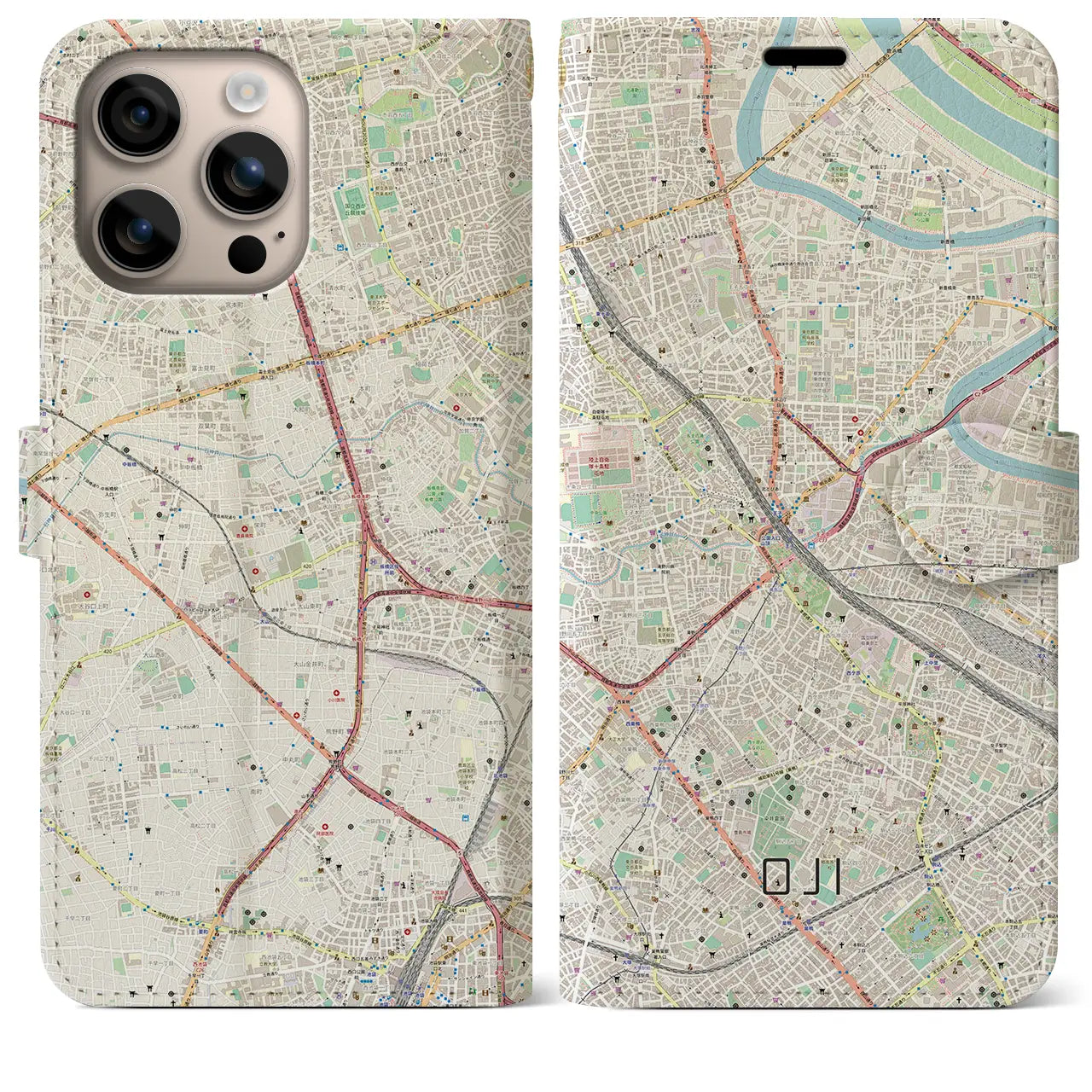 【王子（東京都）】地図柄iPhoneケース（手帳タイプ）ナチュラル・iPhone 16 Plus 用